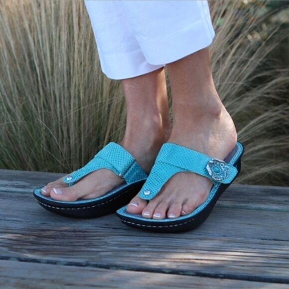 Alegria Carina Turquoise Aloha Mermaid Shimmer Floral Flip Flop Comfort Sandals